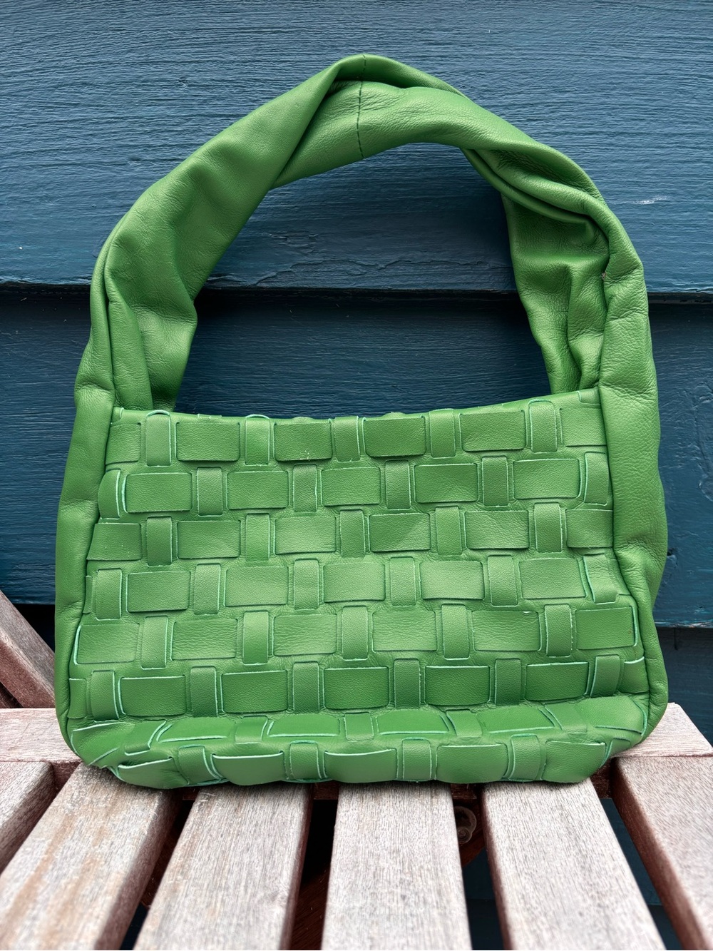 Green Woven Faux Leather Shoulder Bag